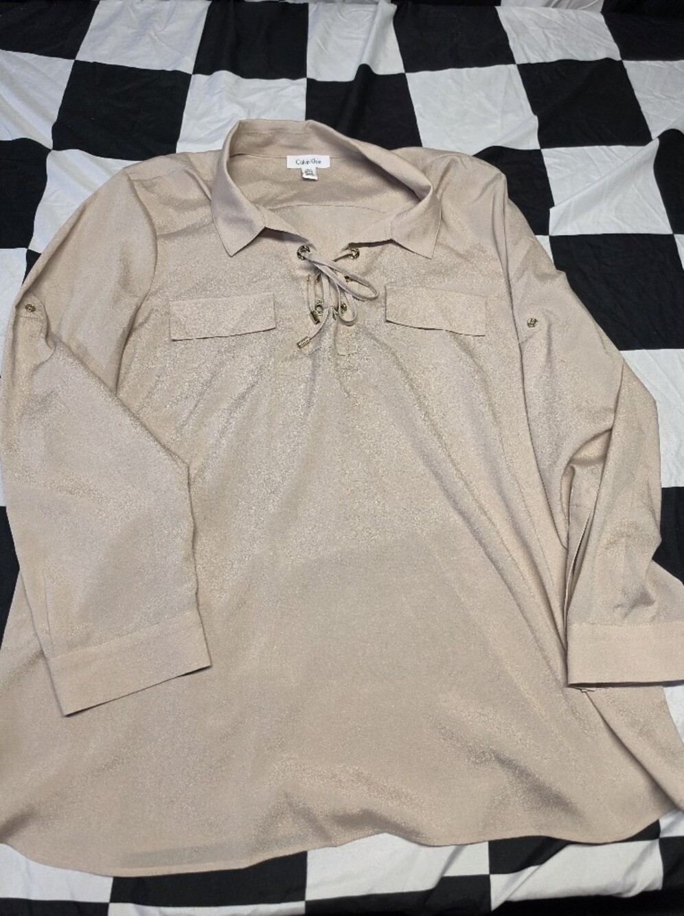 Calvin Klein Shimmer Lace-Up Collared Blouse in Taupe